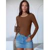imageANRABESS Women Long Sleeve Crew Neck Bodysuits Top 2025 Fall Slim Fit Ribbed Knit Soft Basic Tee ShirtsBrown