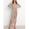 imageANRABESS Womens Long Sleeve Sweater Dress Crew Neck Slim Fit Slit Tie Waist 2025 Ribbed Knit Bodycon Midi Dress Fall OutfitsAlmond
