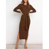 imageANRABESS Womens Long Sleeve Sweater Dress Crew Neck Slim Fit Slit Tie Waist 2025 Ribbed Knit Bodycon Midi Dress Fall OutfitsBrown