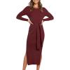 imageANRABESS Womens Long Sleeve Sweater Dress Crew Neck Slim Fit Slit Tie Waist 2025 Ribbed Knit Bodycon Midi Dress Fall OutfitsBurgundy