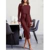 imageANRABESS Womens Long Sleeve Sweater Dress Crew Neck Slim Fit Slit Tie Waist 2025 Ribbed Knit Bodycon Midi Dress Fall OutfitsBurgundy