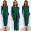 imageANRABESS Womens Long Sleeve Sweater Dress Crew Neck Slim Fit Slit Tie Waist 2025 Ribbed Knit Bodycon Midi Dress Fall OutfitsDark Green