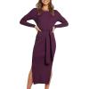 imageANRABESS Womens Long Sleeve Sweater Dress Crew Neck Slim Fit Slit Tie Waist 2025 Ribbed Knit Bodycon Midi Dress Fall OutfitsDark Purple