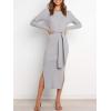 imageANRABESS Womens Long Sleeve Sweater Dress Crew Neck Slim Fit Slit Tie Waist 2025 Ribbed Knit Bodycon Midi Dress Fall OutfitsLight Grey