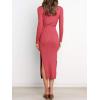 imageANRABESS Womens Long Sleeve Sweater Dress Crew Neck Slim Fit Slit Tie Waist 2025 Ribbed Knit Bodycon Midi Dress Fall OutfitsMaroon