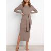 imageANRABESS Womens Long Sleeve Sweater Dress Crew Neck Slim Fit Slit Tie Waist 2025 Ribbed Knit Bodycon Midi Dress Fall OutfitsPink Almond