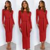 imageANRABESS Womens Long Sleeve Sweater Dress Crew Neck Slim Fit Slit Tie Waist 2025 Ribbed Knit Bodycon Midi Dress Fall OutfitsRed