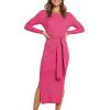 imageANRABESS Womens Long Sleeve Sweater Dress Crew Neck Slim Fit Slit Tie Waist 2025 Ribbed Knit Bodycon Midi Dress Fall OutfitsRose