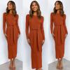 imageANRABESS Womens Long Sleeve Sweater Dress Crew Neck Slim Fit Slit Tie Waist 2025 Ribbed Knit Bodycon Midi Dress Fall OutfitsRust