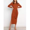 imageANRABESS Womens Long Sleeve Sweater Dress Crew Neck Slim Fit Slit Tie Waist 2025 Ribbed Knit Bodycon Midi Dress Fall OutfitsRust
