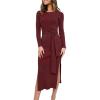 imageANRABESS Womens Long Sleeve Sweater Dress Crew Neck Slim Fit Slit Tie Waist 2025 Ribbed Knit Bodycon Midi Dress Fall OutfitsBurgundy