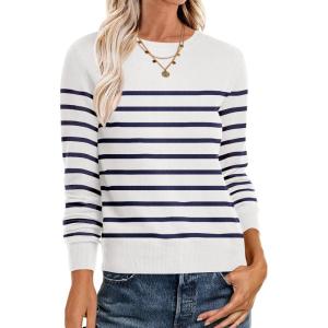 imageANRABESS Sweaters for Women Long Sleeve Lightweight Crewneck Soft Basic Knit Loose Fit Pullover Top 2025 Fall Trendy OutfitsWhite Navy Blue