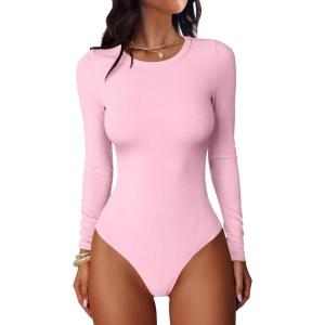 imageANRABESS Women Long Sleeve Crew Neck Bodysuits Top 2025 Fall Slim Fit Ribbed Knit Soft Basic Tee ShirtsBright Pink