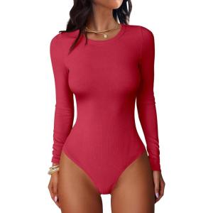 imageANRABESS Women Long Sleeve Crew Neck Bodysuits Top 2025 Fall Slim Fit Ribbed Knit Soft Basic Tee ShirtsBright Red
