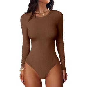 imageANRABESS Women Long Sleeve Crew Neck Bodysuits Top 2025 Fall Slim Fit Ribbed Knit Soft Basic Tee ShirtsBrown