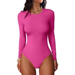 imageANRABESS Women Long Sleeve Crew Neck Bodysuits Top 2025 Fall Slim Fit Ribbed Knit Soft Basic Tee ShirtsHot Pink