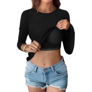 imageANRABESS Women Long Sleeve Shirts Builtin Bra Crewneck Rib Knit Slim Fit Basic Tee Tops 2025 Fall Casual TShirt Base LayerBlack