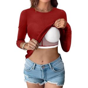 imageANRABESS Women Long Sleeve Shirts Builtin Bra Crewneck Rib Knit Slim Fit Basic Tee Tops 2025 Fall Casual TShirt Base LayerRed