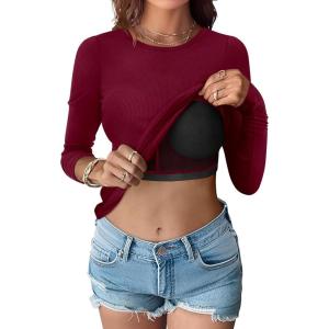 imageANRABESS Women Long Sleeve Shirts Builtin Bra Crewneck Rib Knit Slim Fit Basic Tee Tops 2025 Fall Casual TShirt Base LayerWine Red