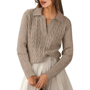imageANRABESS Womens Cable Knit Sweaters Long Sleeve V Neck Sweater Tops Casual Pullover Polo Shirts 2025 Fall Fashion OutfitsBright Tan