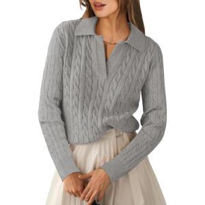 imageANRABESS Womens Cable Knit Sweaters Long Sleeve V Neck Sweater Tops Casual Pullover Polo Shirts 2025 Fall Fashion OutfitsGrey