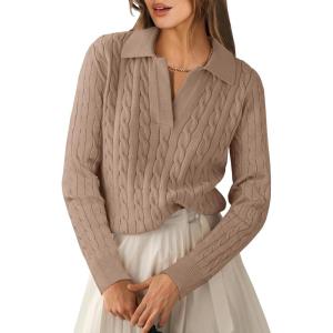 imageANRABESS Womens Cable Knit Sweaters Long Sleeve V Neck Sweater Tops Casual Pullover Polo Shirts 2025 Fall Fashion OutfitsKhaki