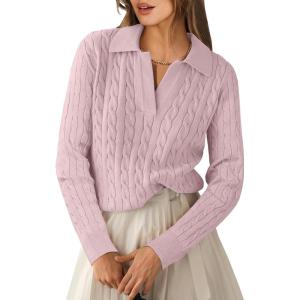 imageANRABESS Womens Cable Knit Sweaters Long Sleeve V Neck Sweater Tops Casual Pullover Polo Shirts 2025 Fall Fashion OutfitsPink