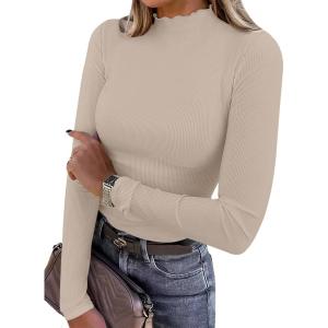 imageANRABESS Womens Lettuce Trim Mock Neck Long Sleeve Tops 2025 Casual Dressy Ribbed Knit Slim Fit Tee Shirt Fall Layer OutfitsBeige