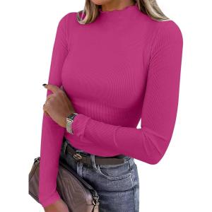 imageANRABESS Womens Lettuce Trim Mock Neck Long Sleeve Tops 2025 Casual Dressy Ribbed Knit Slim Fit Tee Shirt Fall Layer OutfitsHot Pink