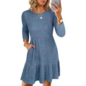 imageANRABESS Womens Long Sleeve 2025 Fall Short Dress Casual Ribbed Knit Crewneck Flowy A Line Mini Sweater Dresses with PocketsGrey Blue