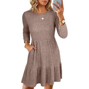 imageANRABESS Womens Long Sleeve 2025 Fall Short Dress Casual Ribbed Knit Crewneck Flowy A Line Mini Sweater Dresses with PocketsKhaki