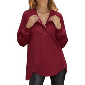 imageANRABESS Womens Long Sleeve Henley Tops Tunic Sweatshirt Loose Slit Casual Button Shirts Pullover 2025 Fall Winter OutfitsRed