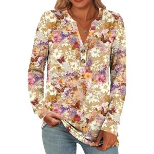 imageANRABESS Womens Long Sleeve Shirts 2025 Fall Henley Business Casual Tops Cute TShirts Work Blouses Outfits Vacation ClothesKhaki Beige Floral