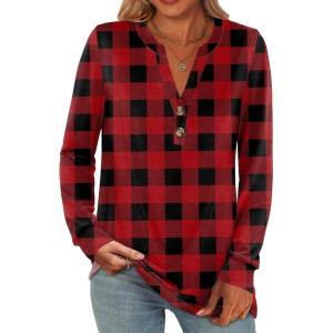 imageANRABESS Womens Long Sleeve Shirts 2025 Fall Henley Business Casual Tops Cute TShirts Work Blouses Outfits Vacation ClothesRed Black Plaid