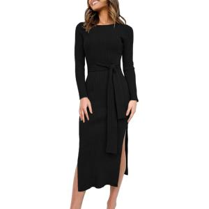 imageANRABESS Womens Long Sleeve Sweater Dress Crew Neck Slim Fit Slit Tie Waist 2025 Ribbed Knit Bodycon Midi Dress Fall OutfitsBlack