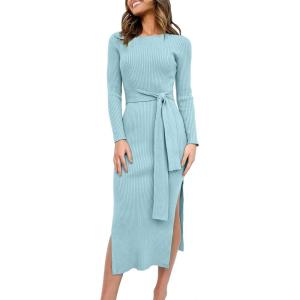imageANRABESS Womens Long Sleeve Sweater Dress Crew Neck Slim Fit Slit Tie Waist 2025 Ribbed Knit Bodycon Midi Dress Fall OutfitsBlue