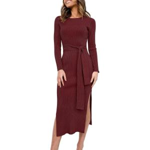imageANRABESS Womens Long Sleeve Sweater Dress Crew Neck Slim Fit Slit Tie Waist 2025 Ribbed Knit Bodycon Midi Dress Fall OutfitsBurgundy