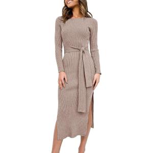 imageANRABESS Womens Long Sleeve Sweater Dress Crew Neck Slim Fit Slit Tie Waist 2025 Ribbed Knit Bodycon Midi Dress Fall OutfitsCamel