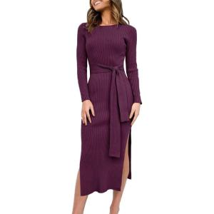 imageANRABESS Womens Long Sleeve Sweater Dress Crew Neck Slim Fit Slit Tie Waist 2025 Ribbed Knit Bodycon Midi Dress Fall OutfitsDark Purple