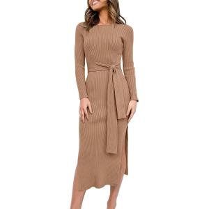 imageANRABESS Womens Long Sleeve Sweater Dress Crew Neck Slim Fit Slit Tie Waist 2025 Ribbed Knit Bodycon Midi Dress Fall OutfitsKhaki