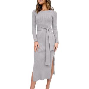 imageANRABESS Womens Long Sleeve Sweater Dress Crew Neck Slim Fit Slit Tie Waist 2025 Ribbed Knit Bodycon Midi Dress Fall OutfitsLight Grey