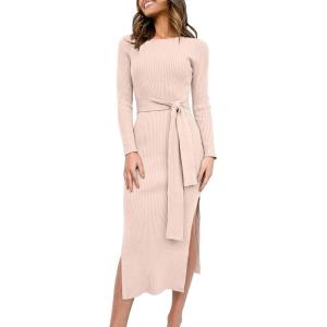 imageANRABESS Womens Long Sleeve Sweater Dress Crew Neck Slim Fit Slit Tie Waist 2025 Ribbed Knit Bodycon Midi Dress Fall OutfitsPink