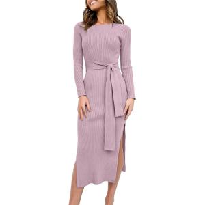 imageANRABESS Womens Long Sleeve Sweater Dress Crew Neck Slim Fit Slit Tie Waist 2025 Ribbed Knit Bodycon Midi Dress Fall OutfitsPurple