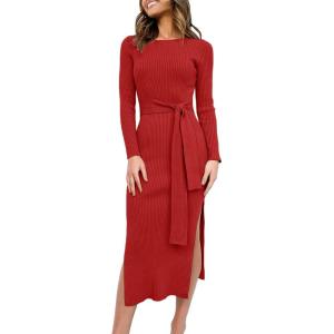 imageANRABESS Womens Long Sleeve Sweater Dress Crew Neck Slim Fit Slit Tie Waist 2025 Ribbed Knit Bodycon Midi Dress Fall OutfitsRed