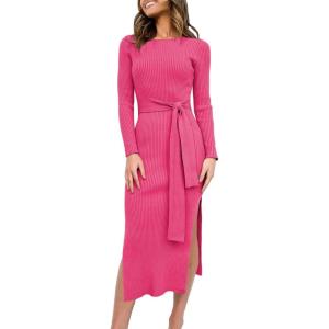 imageANRABESS Womens Long Sleeve Sweater Dress Crew Neck Slim Fit Slit Tie Waist 2025 Ribbed Knit Bodycon Midi Dress Fall OutfitsRose