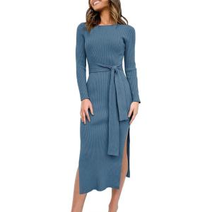imageANRABESS Womens Long Sleeve Sweater Dress Crew Neck Slim Fit Slit Tie Waist 2025 Ribbed Knit Bodycon Midi Dress Fall OutfitsTeal
