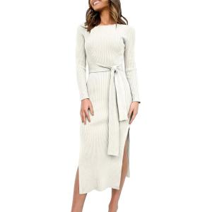 imageANRABESS Womens Long Sleeve Sweater Dress Crew Neck Slim Fit Slit Tie Waist 2025 Ribbed Knit Bodycon Midi Dress Fall OutfitsWhite