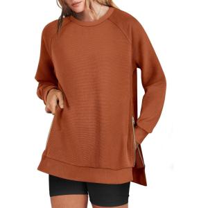 imageANRABESS Womens Oversized Sweatshirts Crewneck Long Sleeve Tunic Pullover Shirts Side Zipper Hoodies 2025 Fall ClothesRust