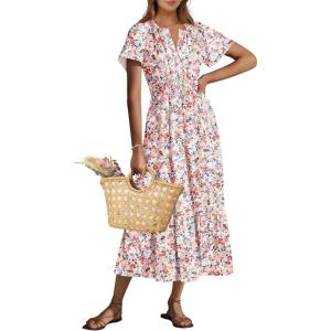 imageANRABESS Womens Summer Short Sleeve Maxi Dress 2025 Casual V Neck High Waist ALine Flowy Loose Tiered Boho Long DressesDeep Pink Floral
