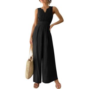 imageANRABESS Jumpsuits for Women Summer Dressy Casual Linen Romper Sleeveless V Neck High Waist Wide Leg Beach Vacation OutfitsBlack